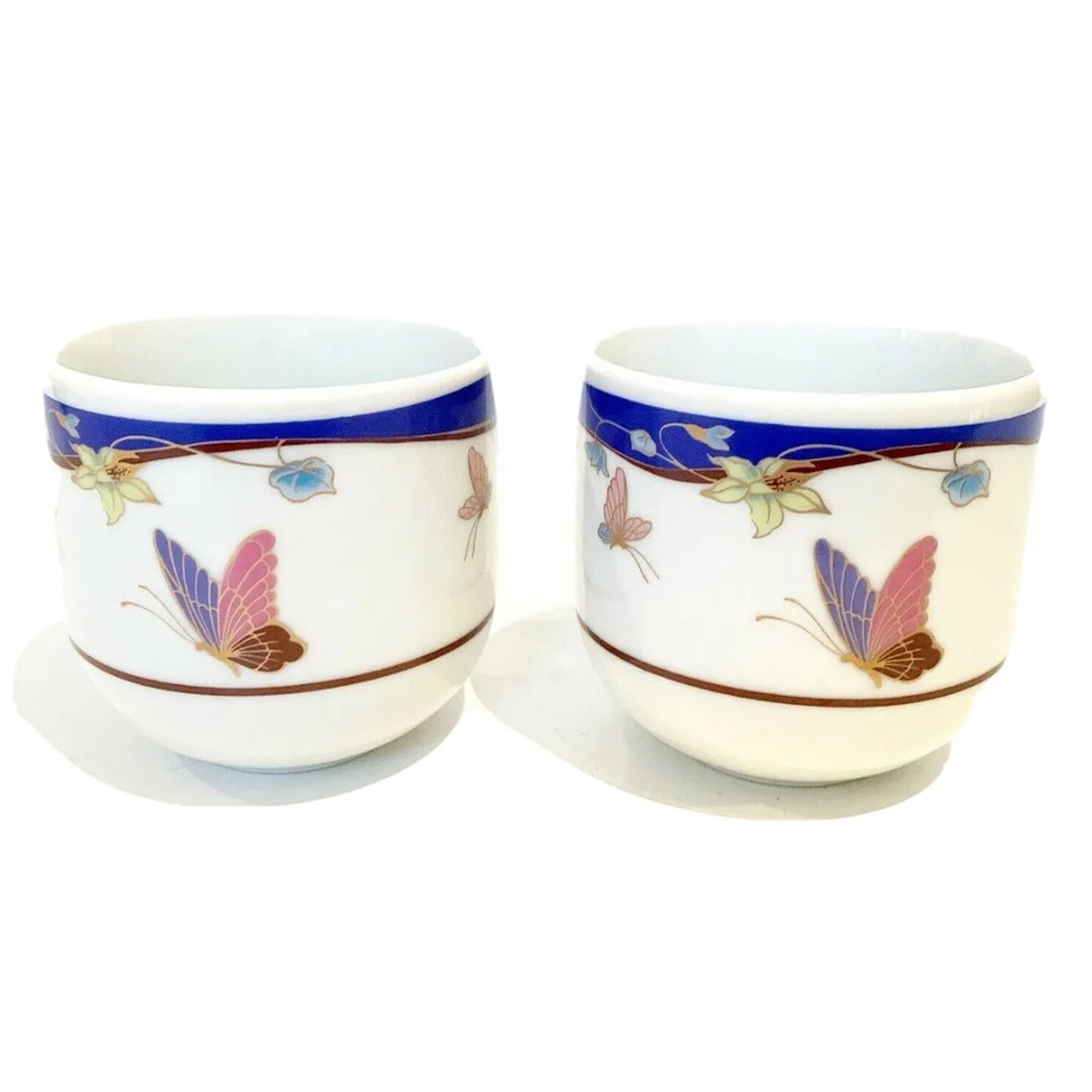 Ceramic Small Mugs Sake Cups Butterfly Flowers Blue Pink Asian Drink Set of 2
